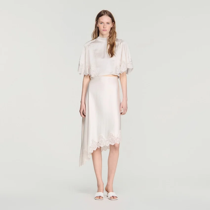 Asymmetrical satin skirt with lace Asymmetrical satin skirt with lace