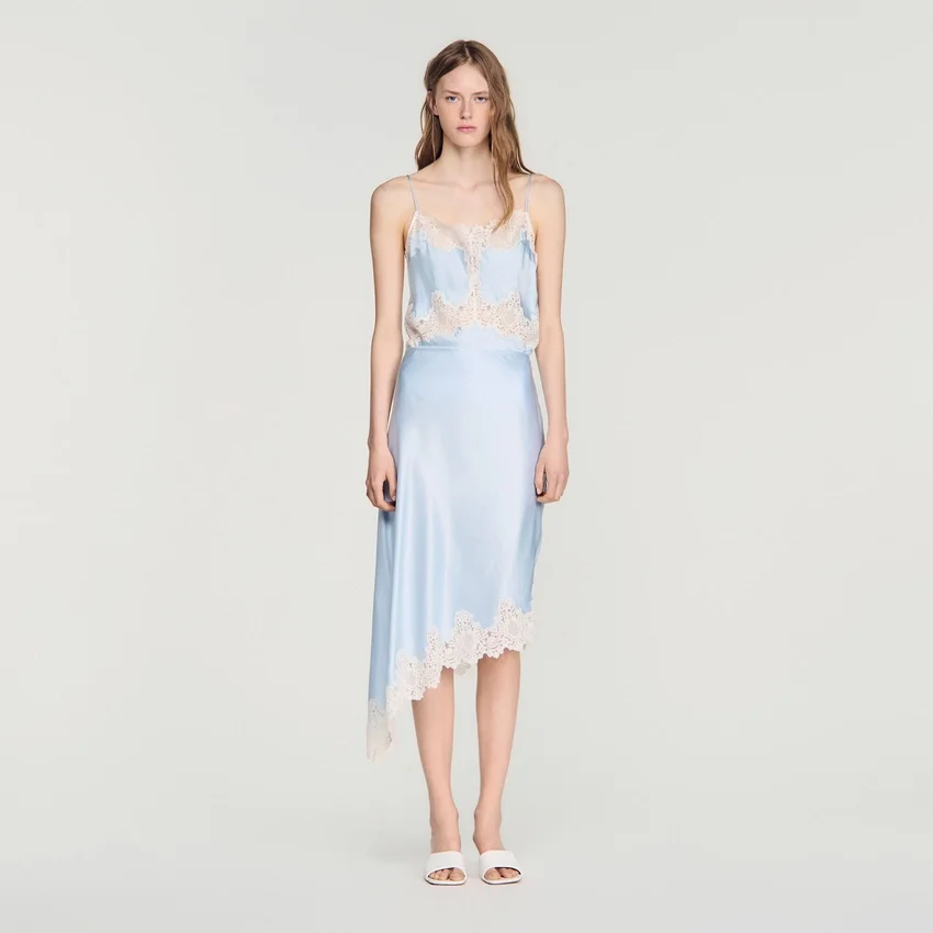 Asymmetrical satin skirt with lace Asymmetrical satin skirt with lace