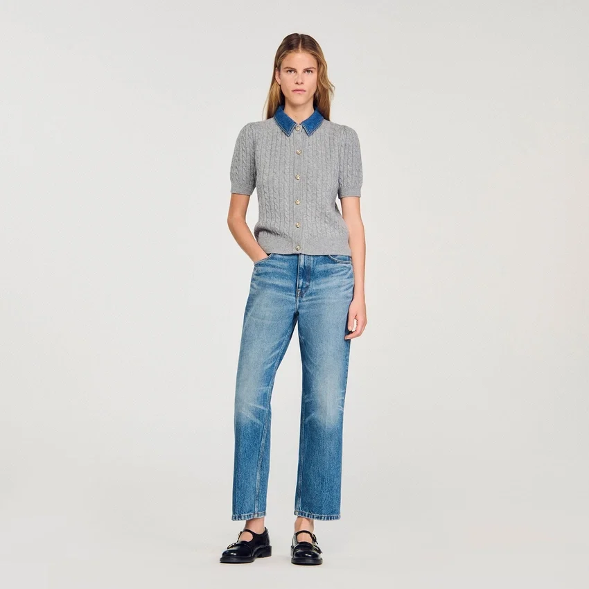 Cardigan with detachable denim collar Cardigan with detachable denim collar
