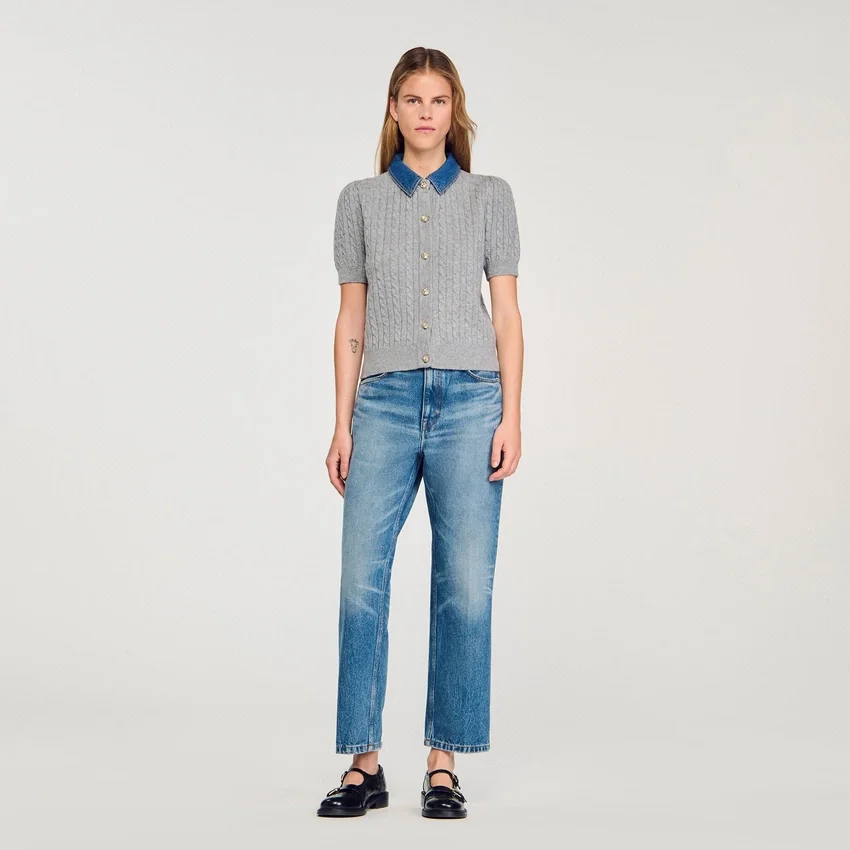 Cardigan with detachable denim collar Cardigan with detachable denim collar