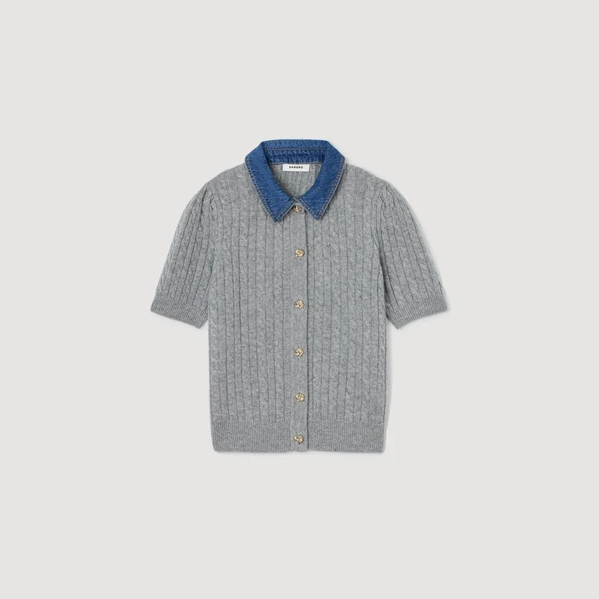 Cardigan with detachable denim collar Cardigan with detachable denim collar