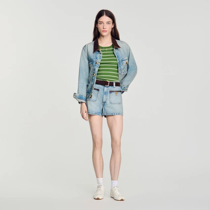 Denim shorts with leather detail Denim shorts with leather detail