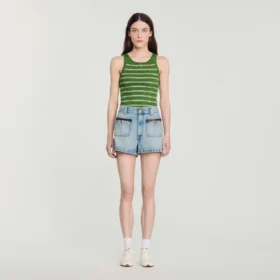 Denim shorts with leather detail
