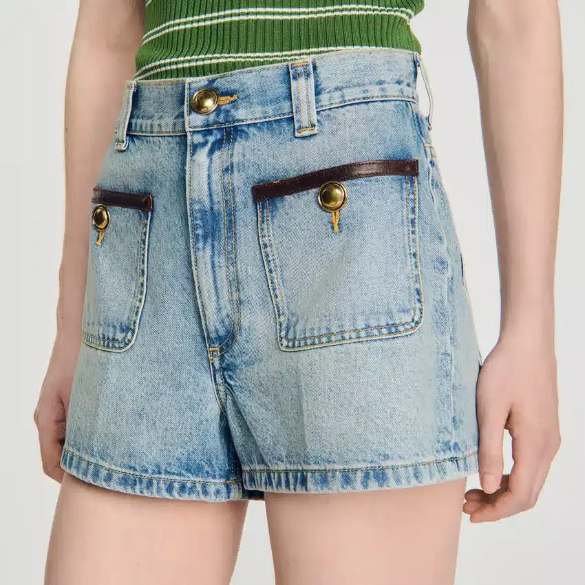 Denim shorts with leather detail Denim shorts with leather detail