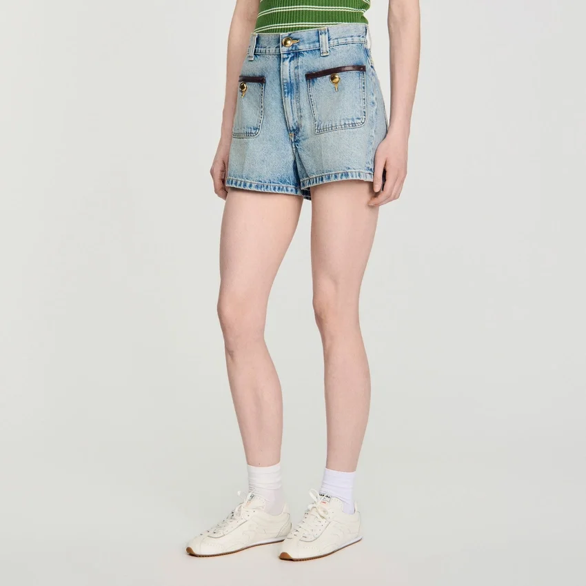 Denim shorts with leather detail Denim shorts with leather detail