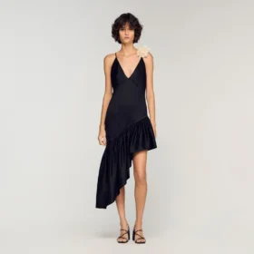 Flower detail asymmetrical ruffled dress