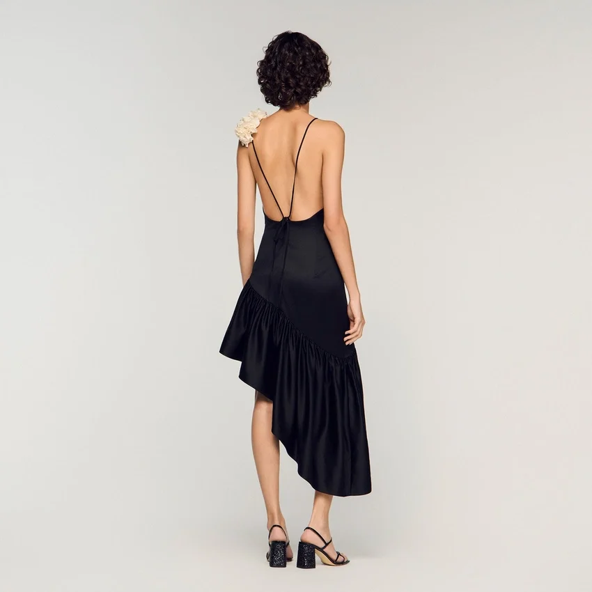 Flower detail asymmetrical ruffled dress Flower detail asymmetrical ruffled dress