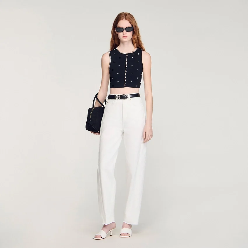 Jewelled embroidered knit crop top Jewelled embroidered knit crop top