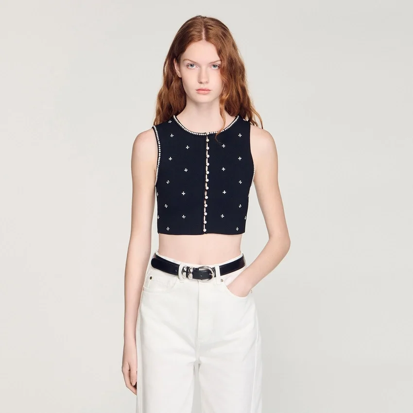 Jewelled embroidered knit crop top Jewelled embroidered knit crop top