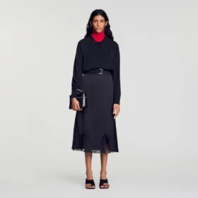 Midi mixed-material lace skirt