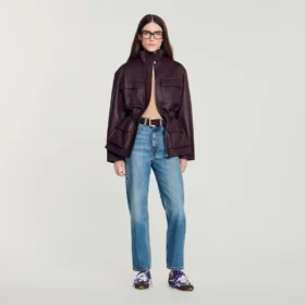 Oversized leather collar jacket