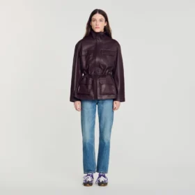 Oversized leather collar jacket