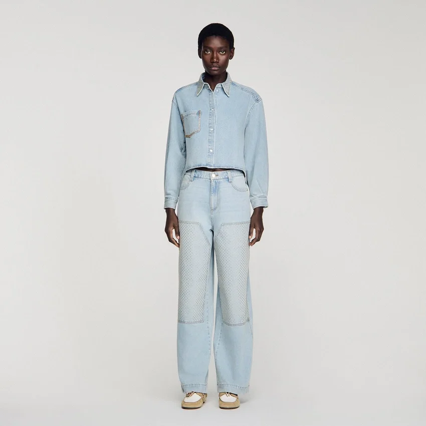 Rhinestone cropped denim shirt Rhinestone cropped denim shirt