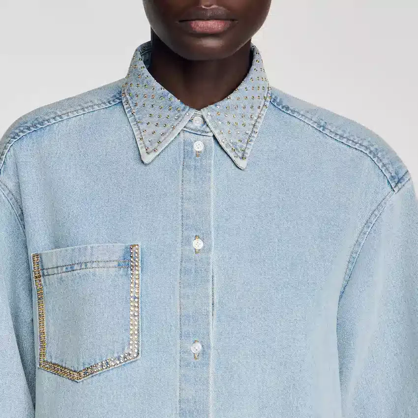 Rhinestone cropped denim shirt Rhinestone cropped denim shirt