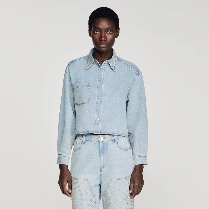 Rhinestone cropped denim shirt Rhinestone cropped denim shirt