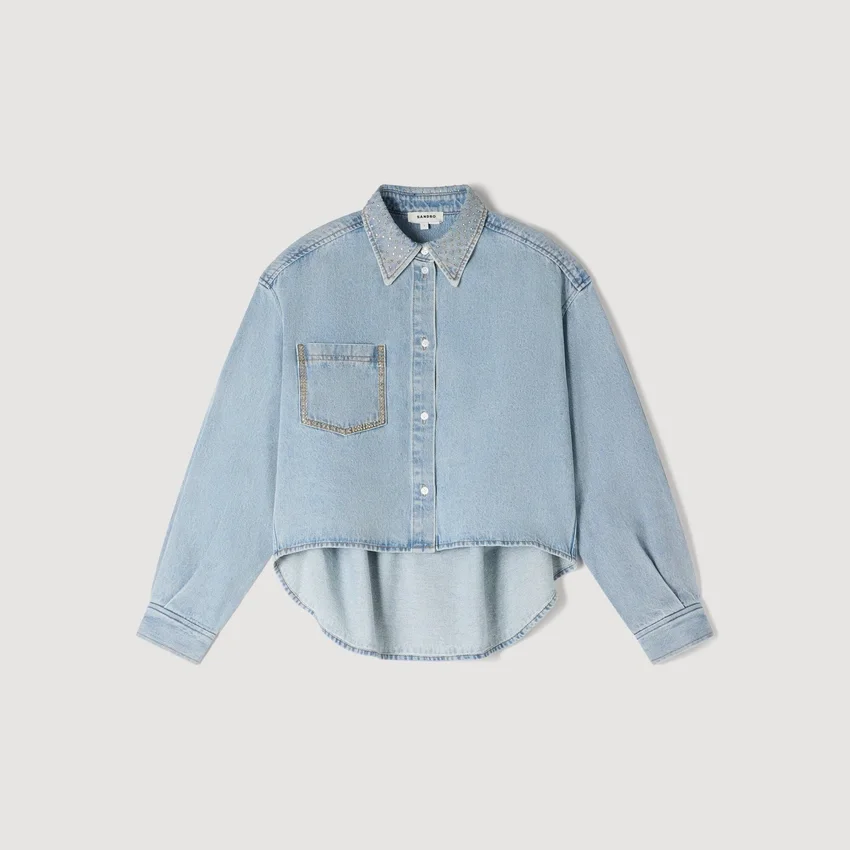 Rhinestone cropped denim shirt Rhinestone cropped denim shirt