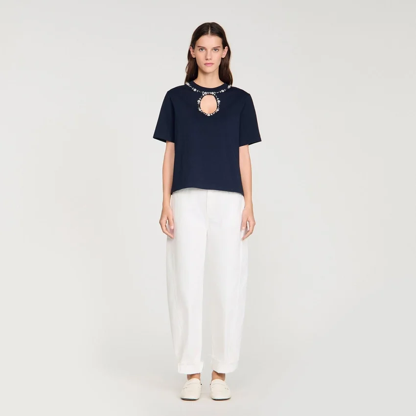 Rhinestone openwork T-shirt Rhinestone openwork T-shirt