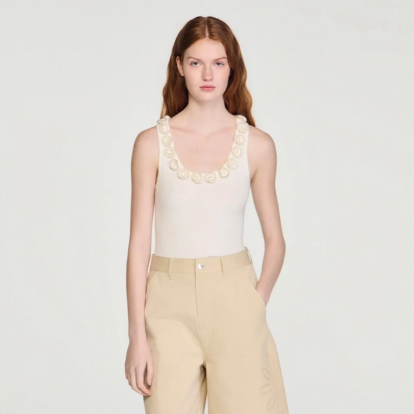 Ribbed knit top with beaded roses Ribbed knit top with beaded roses