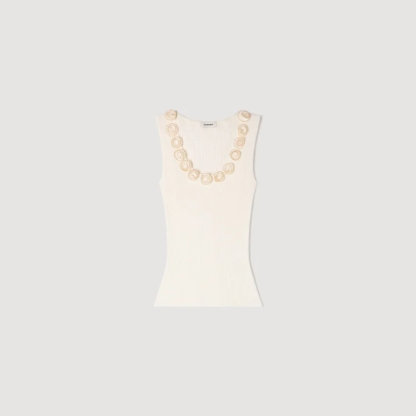 Ribbed knit top with beaded roses Ribbed knit top with beaded roses