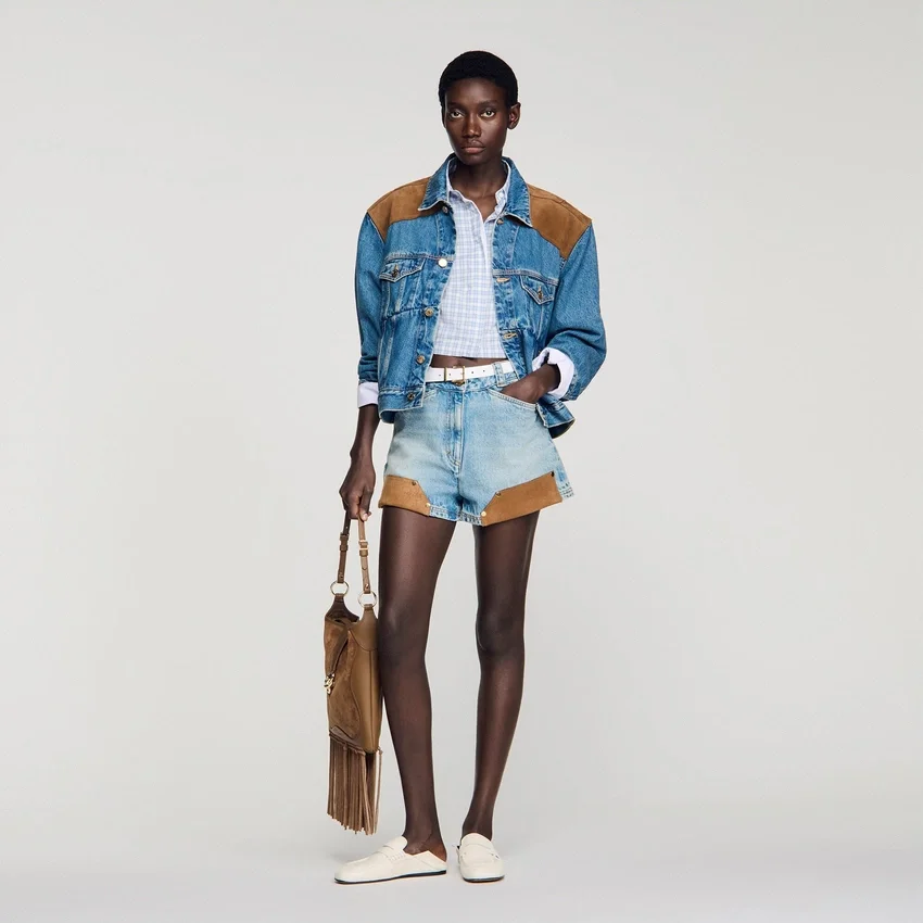 Riveted denim and suede shorts Riveted denim and suede shorts