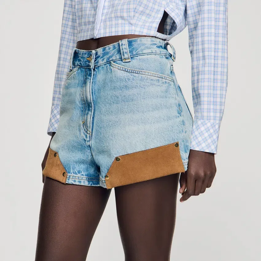Riveted denim and suede shorts Riveted denim and suede shorts