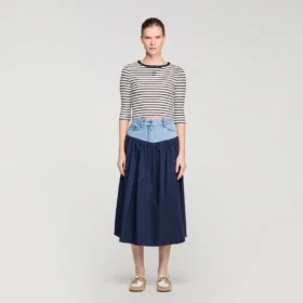 Short striped tee with beaded collar