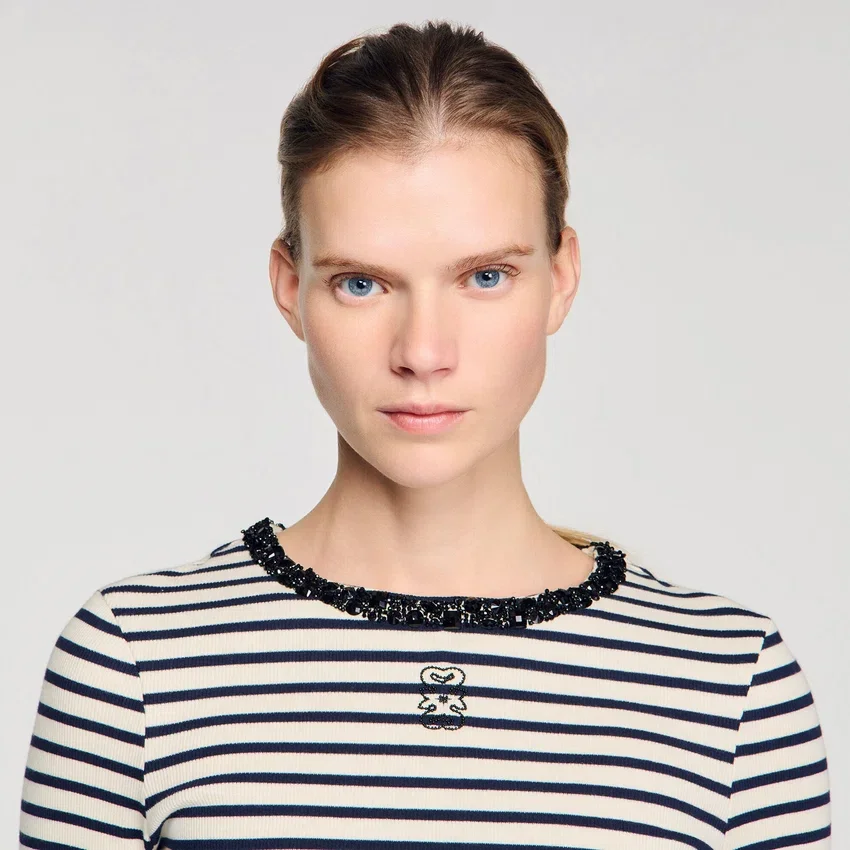 Short striped tee with beaded collar Short striped tee with beaded collar
