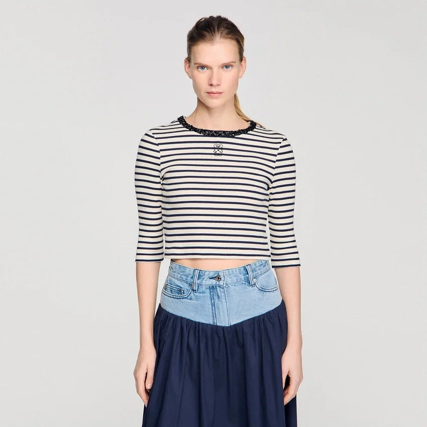 Short striped tee with beaded collar Short striped tee with beaded collar