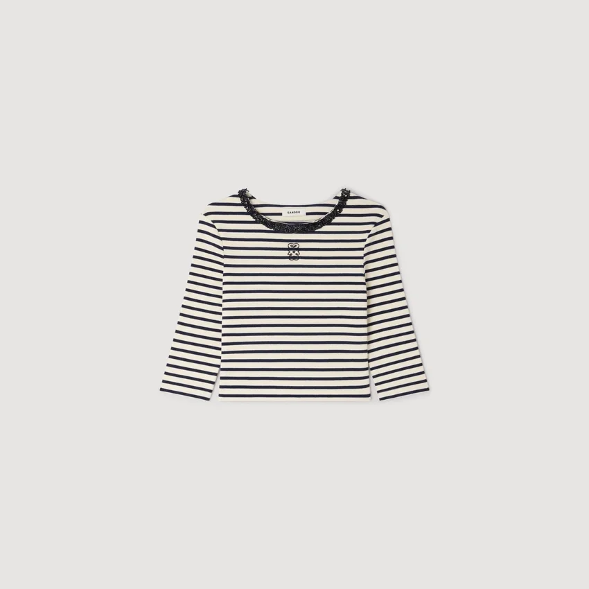 Short striped tee with beaded collar Short striped tee with beaded collar