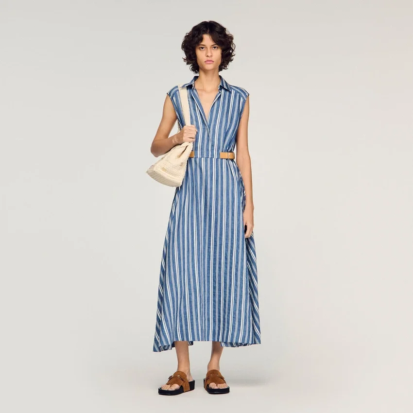 Striped maxi dress with leather tab Striped maxi dress with leather tab